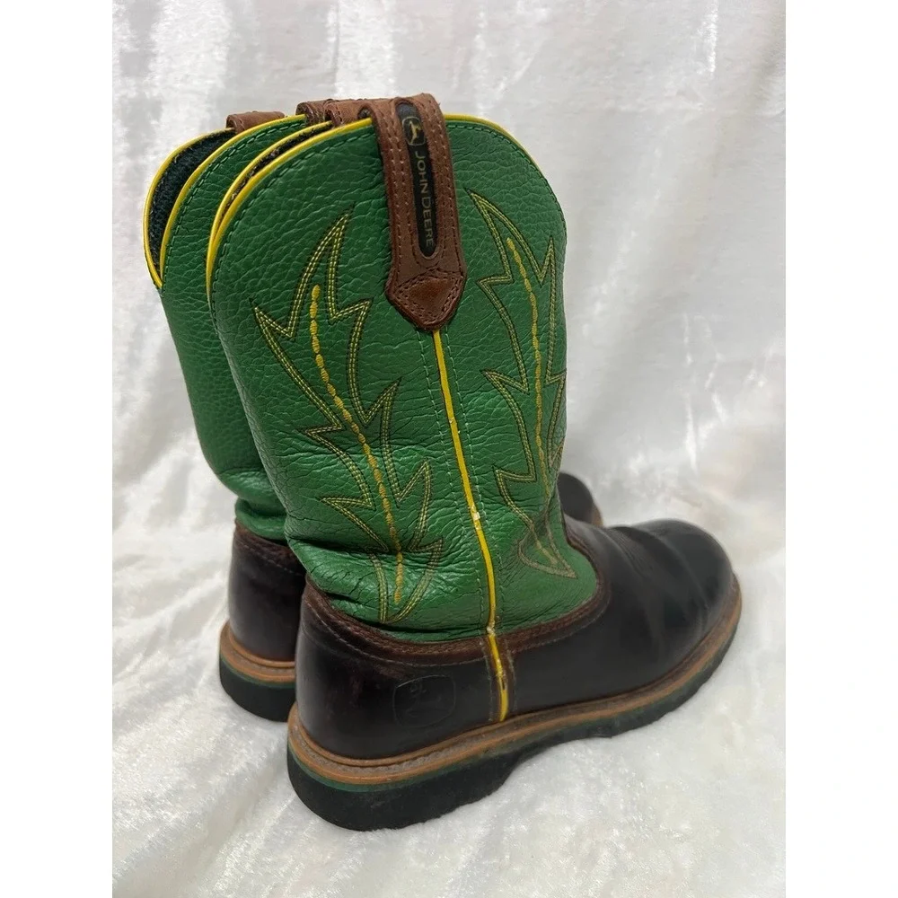 John Deere Western Boots Childrens 6.5M Brown Green Leather Cowboy Work Farmcore